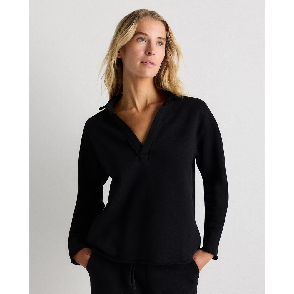 Quince Womens Organic Cotton French Terry Henley Pullover Bold Black M NWT New